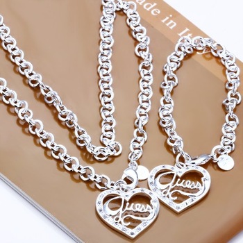 free shipping silver plated, copper Peach heart shaped pendants necklace and bracelet jewelry set fo