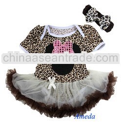 Baby Brown White Leopard Minnie Mouse Bodysuit Romper Pettiskirt Headband 0-12M