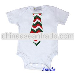 Christmas Boys Red White Green Chevron Tie Short Sleeves Romper NB-12M