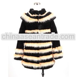 QD28220 Long Style High Quality Women Genuine Rabbit Fur Coat with Fox Fur Trim