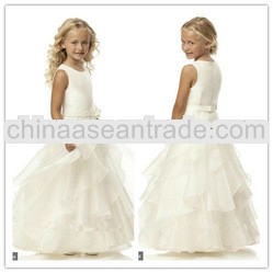 Round Neck Satin Organza Layer Long Floor Length White Vintage Flower Girl Dresses