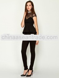 peplum stitched lace pearl neck womens elegant shirt