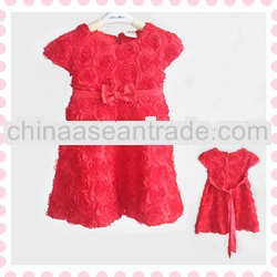 valentine's day item,red rosette flowers dress children petti party short sleeves dress