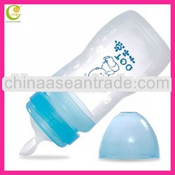Healhy silicone transparent baby feeding bottle with spoon, silicone rubber water bottle,can printin
