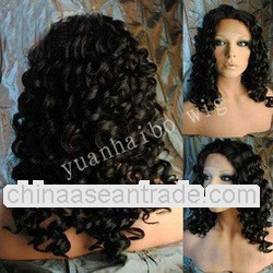 Wholesale Price 16" #1B Curly, Peruvian Virgin glueless full lace wigs