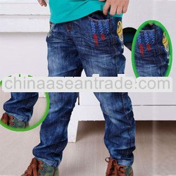 Children dress kids boys stright jeans blue rubber waistband long pants billboard printed boys and g