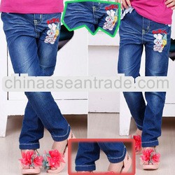 Children dress kids girls stright jeans blue rubber waistband long pants cartoon animal billboard pr