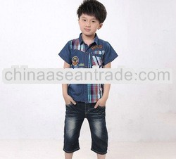 Fashion kids costum boy 1-6 years old kids cotton summer short sleelves stand collar print plaid jea