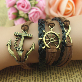 2013 fashion vintage bronze  anchor and infinity men's bracelet free shipping black rope  steeri