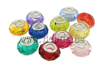 30% OFF Promotion !! 100PCS/lot  mixed colors faceted  European Acrylic Beads, silver plated Big Hol