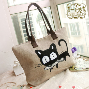 Fashion Casual Women's Woven Canvas Cute Cat Shopping Bag Lunch Bag Black/Red 4 Colors Freeshipp