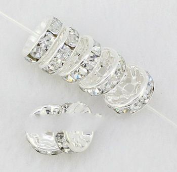 Free Shipping 50pcs/Lot 8MM Crystal Spacer Metal Silver Plated Rondelle Rhinestone  Loose  Beads For