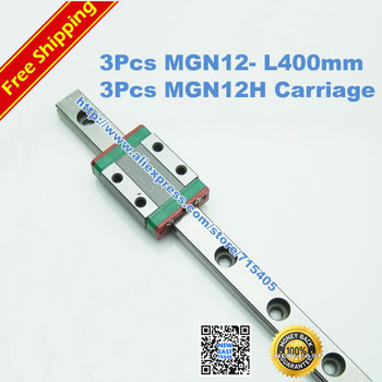 Free Shipping Kossel Mini MGN12 12mm miniature linear rail slide = 3pcs 12mm L-400mm rail+3pcs MGN12