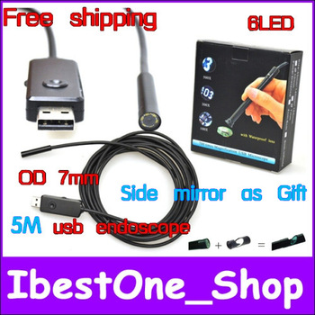 Free shipping 7mm lens USB endoscope 6 LED IP67 Waterproof Camera Borescope 5M,mini computer camera 