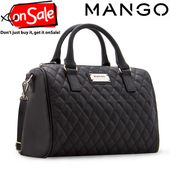 MANGO Women Messenger Bags, Black Plaid Bucket Handbag,Quilted Bag+Free Shipping