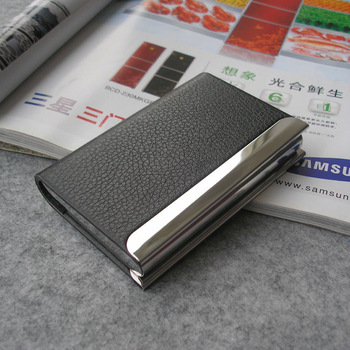 Magnetic lock leather bussiness namecard case ID card holder box organizer wallet Black Lichee patte