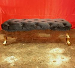 French Furniture Stool with Tufted Seat - Gold Ottoman with Black Upholstery Furniture.