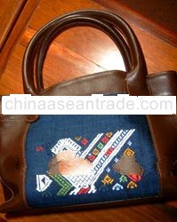 Silk and Leather Purse / Bag - Brown and Blue