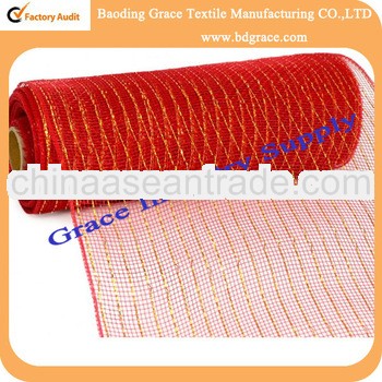 10" Poly Deco Mesh: red gold metallic line