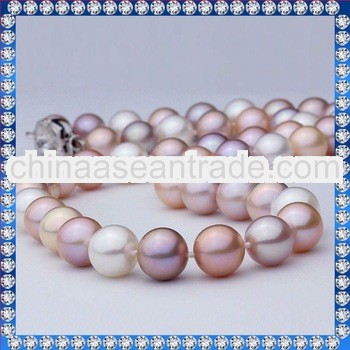 18 inch 9-10mm beautiful perfect round multicolor freshwater pearl chunky necklace