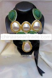 Jade and Mother of Pearl Bib Style Ribbon Necklace