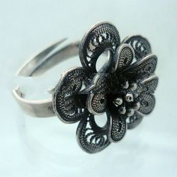 black flower silver ring