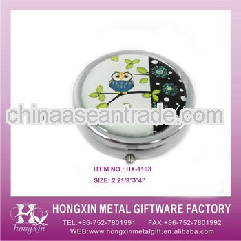 2013 New Product HX-1183 Hot Sale Cute Owl Metal Pill Box with Key Chain