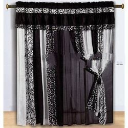 Black & White Micro Fur Zebra with Giraffe Design Window Curtain / Drape Set with Sheer Backing