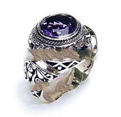 Silver Ring With Round Ametis And Bali Carving Style