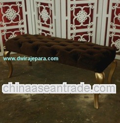 French Furniture Stool with Tufted Seat - Gold Ottoman with Brown Upholstery Furniture.