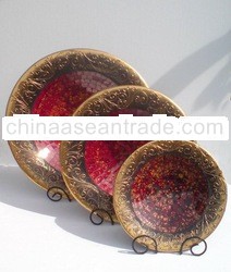 SET OF 3 ROUND PLATES DIAM 50/40/30CM GOLD AND SODA RED GLASS MOSAIC