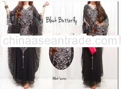 Butterfly Embroidery Wide Sleeve Muslim Dress Clothing Black 1pcs