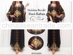 Golden Embroidery Wide Sleeve Flower Trim Muslim Dress Black 1pcs