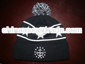  factory offer jacquard star beanie hat and cap folded cuff with pom pom