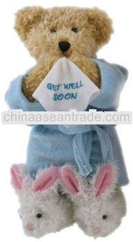 Custom plush blue and pink dress teddy bear emboridered with GET WELL SOON