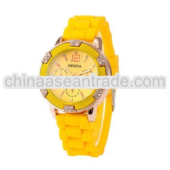 Fashion Shiny rhinestones silicone jelly watch girls yellow watch for kids