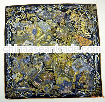 Fashionable golden and black color printed hijab silk scarf 90*90silk scarf