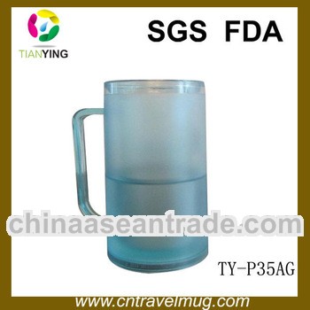 Freezer plastic beer mug with liquid inside and handle