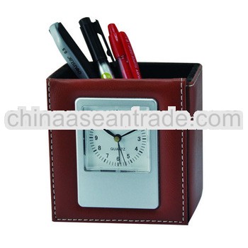 Genuine Leather Desk Azan Alarm Clock With Brush Pot