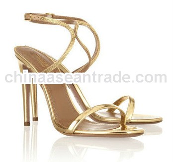 Gold Leather Women 2014 New Design Strappy High Heel Sandals Ladies Meeting Heels Open Toe Sandal Wh