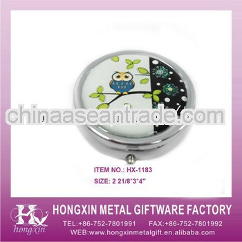 HX-1183 Round metal paper owl pill box with divider