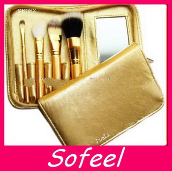 Hot Selling 4pcs Golden Cheek Makeup Brush Set With Mirror Cometic Bag