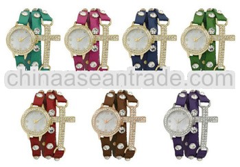 Newest Crystal Diamond Love/Cross Leather Strap Women Girl Lady Bracelet Wrist Watch