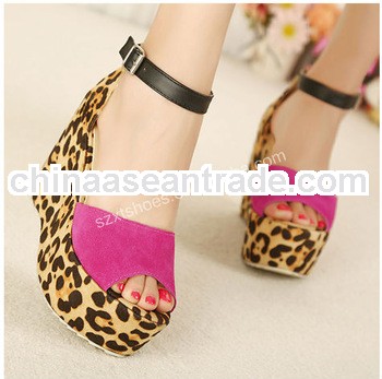 Pink leopard high heels wedge sandals high heels leopard print