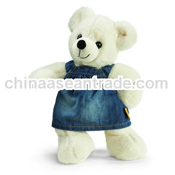 Plush standing white girl Teddy Bear with blue jean skirt