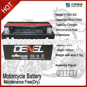 Rechargeable Motorcycle 12V 9AH dry charged battery