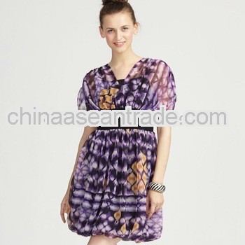 Sexy Fashion Pleat Ruffles V Neck Dress Purple