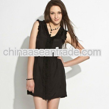 Skinny Ruffled Placket One-Piece Dress Black