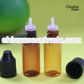 Stock now! vapor juice amber pet bottle 10ml with childproof cap long tip