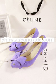 Stylish big bow purple women faux suede high heel pointed toe dressy shoes